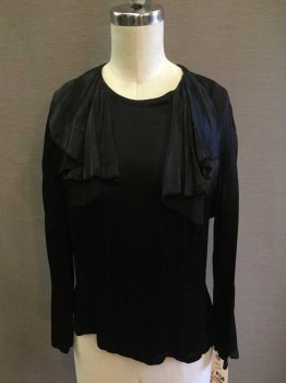 Womens, Blouse, Berliner Fundus, Black, Silk, Solid, S, 1930's Blouse, 3/4 Raglan Sleeve with Pleated Flutter Panel At Cuff, Crew Neck, 2 Ruffle Panels Hanging From Neck, 1/4 Off Center Snap Front