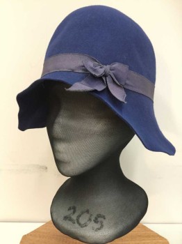Womens, Hat, N/L, Navy Blue, Gray, Wool, Solid, S, Soft Structured Round Crown, Dips Down At Sides, 1" Wide Faded Band and Double Bow, Little Teardrop Pearl Pin, Cloche