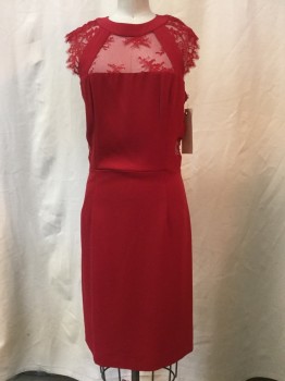 THE KOOPLES, Red, Synthetic, Solid, Red, Sheer Lace Yolk & Back, Crew Neck, Lace Cap Sleeve, Zip Back