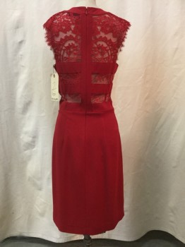 THE KOOPLES, Red, Synthetic, Solid, Red, Sheer Lace Yolk & Back, Crew Neck, Lace Cap Sleeve, Zip Back