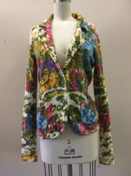 Womens, Sweater, HWR, Multi-color, Cotton, Floral, M, Multi Color Floral Print , Notched Lapel, Button Front, V-neck, 2 Pockets,