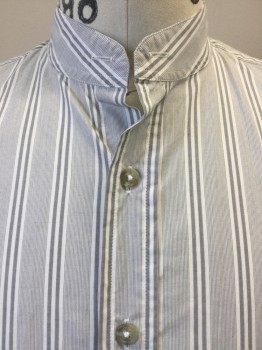 Mens, Dress Shirt, MTO, White, Gray, Cotton, Stripes - Vertical , 35, 15.5, White with Thin Gray Vertical Cluster Panel and 2 Vertical Gray Stripes, Band Collar,  Button Front, Long Sleeves,