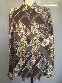 Paul Chang, Chocolate Brown, White, Taupe, Yellow, Red, Synthetic, Plaid, Floral, Chocolate with White/taupe Plaid & Brown/taupe/red/yellow Floral Print, Button Front, Long Sleeves, 1 Pocket,