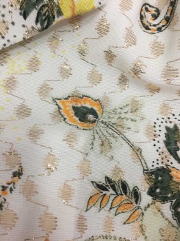 JAMI ORIGINALS, White, Gold, Orange, Yellow, Black, Polyester, Abstract , Floral, White W/Gold Metallic, Orange, Black, Etc Abstract Pattern W/Flowers, Circles, Etc. Long Sleeve Button Front, Collar Attached,