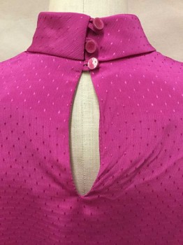 TAILOR SPORT, Fuchsia Pink, Polyester, Dots, Blouse, Jacquard, Fold Over Collar Attached, 1 Pleat Front Center, Long Sleeves, Key Hole Back W/3 Pink Buttons