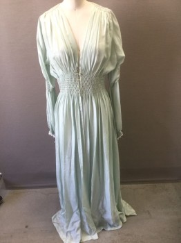 N/L, Mint Green, Silk, Solid, Long Sleeves, Smocked at Waist, Mid Arm, Shoulders & Cuffs, 4 Buttons at Waist, V-neck, Open at Front, Long Blousy Sleeves, Floor Length, 1930's