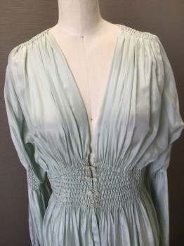 Womens, Dress, N/L, Mint Green, Silk, Solid, W:26, B:34, Long Sleeves, Smocked at Waist, Mid Arm, Shoulders & Cuffs, 4 Buttons at Waist, V-neck, Open at Front, Long Blousy Sleeves, Floor Length, 1930's