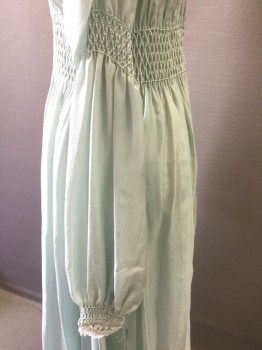 Womens, Dress, N/L, Mint Green, Silk, Solid, W:26, B:34, Long Sleeves, Smocked at Waist, Mid Arm, Shoulders & Cuffs, 4 Buttons at Waist, V-neck, Open at Front, Long Blousy Sleeves, Floor Length, 1930's