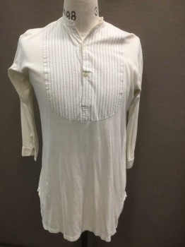 Mens, Undergarment, TRIKOT, Off White, Gray, Cotton, Solid, Dots, N:14.5, S, Slv:28, Undershirt, Pull On, Solid Off-White Knit Jersey, Bib Front with White Plain Weave Fabric with Dashed Gray Stripe/Dot Pattern, Band Collar,  2 Button Front, Aged/distressed