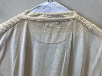 Mens, Undergarment, TRIKOT, Off White, Gray, Cotton, Solid, Dots, N:14.5, S, Slv:28, Undershirt, Pull On, Solid Off-White Knit Jersey, Bib Front with White Plain Weave Fabric with Dashed Gray Stripe/Dot Pattern, Band Collar,  2 Button Front, Aged/distressed