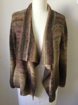 RUBY RD, Brown, Dk Brown, Red, Tan Brown, Ramie, Polyester, Stripes, Mottled, Ribbed Knit Shawl Collar, Draped Open Front, Long Sleeves,