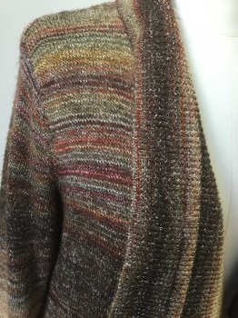 Womens, Sweater, RUBY RD, Brown, Dk Brown, Red, Tan Brown, Ramie, Polyester, Stripes, Mottled, XL, Ribbed Knit Shawl Collar, Draped Open Front, Long Sleeves,