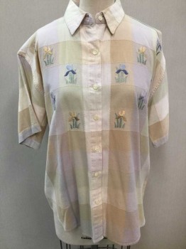 Womens, Shirt, MAGGIE & MAX, Beige, Lt Green, Lavender Purple, Lt Gray, Sage Green, Cotton, Check , Floral, B: 40, M, Pastel "Patchwork" Look, with Floral Embroidery Throughout, S/S,  Button Front, Collar Attached