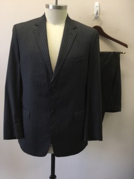 Mens, Suit, Jacket, TALLIA, Black, Blue, White, Wool, Stripes - Pin, 44L, Black with Blue/white Pinstripes, Single Breasted, Collar Attached, Notched Lapel, Hand Picked Collar/Lapel, 2 Buttons,  3 Pockets