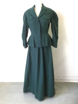 MTO, Forest Green, Wool, Solid, Hidden Placket Button Front, Collar Attached, Notched Lapel, 2 Faux Pocket Flaps, Tailfeather Back,  Turned Back Cuff, Bishop Sleeve, Holes in Front and Patched Hole at Center Back,