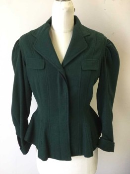 MTO, Forest Green, Wool, Solid, Hidden Placket Button Front, Collar Attached, Notched Lapel, 2 Faux Pocket Flaps, Tailfeather Back,  Turned Back Cuff, Bishop Sleeve, Holes in Front and Patched Hole at Center Back,