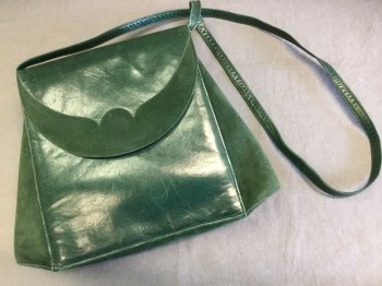 Womens, Purse, CHARLES JOURDAN, Dk Green, Leather, Suede, Solid, Snap Flap Closure, Suede Scallopped Detail on Flap, Suede Side, 1 Shoulder Strap