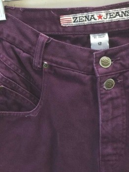 ZENA JEANS, Purple, Cotton, Solid, Denim, High Waist, Zip Fly with 2 Button Closures at Waist, Slanted Seams at Pockets, 6 Pockets (Double Pockets on Each Side in Front), Tapered Leg,