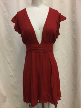 Womens, Dress, Sleeveless, REFORMATION, Red, Viscose, Rayon, Solid, 4, Red, Plunge Neck, Sleeveless with Ruffle Trim, Self Belt