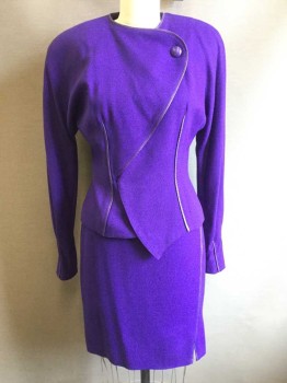 JIMMY GAMBA, Purple, Wool, Solid, Angular Button Front, 1 Leather Button Near Neck, Lower Portion Snaps in the Other Direction, Long Sleeves, Leather Trim Detail, Back Faux Button Back, Pleated From Cuff with Leather Detail