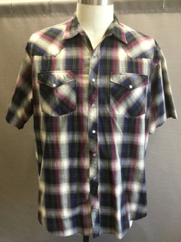 YOUNG BLOOD, Black, Navy Blue, Gray, Tan Brown, Red Burgundy, Cotton, Polyester, Plaid, Black, Navy, Gray, Tan, Double Gold Line Plaid, Collar Attached, Yoke, 2 Pockets with Flap, Pearly Snap Front, Short Sleeves,