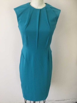 Womens, Dress, Sleeveless, CALVIN KLINE, Turquoise Blue, Polyester, Spandex, Solid, 2P, Sleeveless, Shaping Darts Exposed As a Design Detail, Center Back Zipper, Knit,