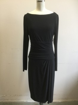 Womens, Dress, Long & 3/4 Sleeve, RALPH LAUREN, Black, Polyester, Spandex, Solid, 6, Long Sleeves, Bateau/Boat Neck, Waistband Gathered/Ruched at Sides, with Asymmetric Gathered Detail at One Hip, Knee Length