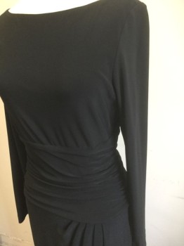 Womens, Dress, Long & 3/4 Sleeve, RALPH LAUREN, Black, Polyester, Spandex, Solid, 6, Long Sleeves, Bateau/Boat Neck, Waistband Gathered/Ruched at Sides, with Asymmetric Gathered Detail at One Hip, Knee Length