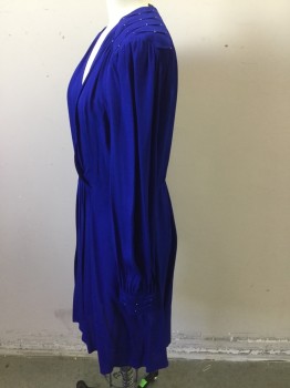 Womens, Dress, Long & 3/4 Sleeve, KAREN MILLEN, Blue, Silk, Beaded, Solid, 6, Cross Over Bust, Gathered and Twisted Pin Tuck Yolk and Cuffs, with Gold Beading At Shoulder & Cuffs, Side Zipper