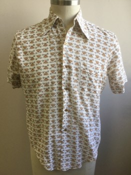 LE MANS, White, Poly/Cotton, Novelty Pattern, with Brown & Orange Crowns and Keys Repeating Pattern, Short Sleeves, Button Front, Collar Attached, Button Down Collar, 1 Patch Pocket,  **Collar Buttons Missing