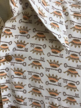 LE MANS, White, Poly/Cotton, Novelty Pattern, with Brown & Orange Crowns and Keys Repeating Pattern, Short Sleeves, Button Front, Collar Attached, Button Down Collar, 1 Patch Pocket,  **Collar Buttons Missing