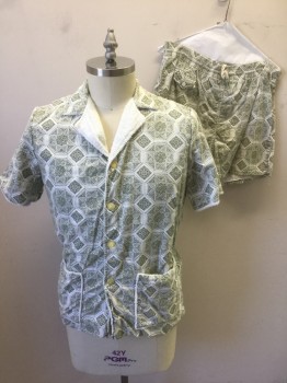 Mens, 1960s Vintage, P1, GEORGE RICHLAND, White, Dk Olive Grn, Cotton, Medallion Pattern, C 38, M, 2 Piece Cabana/Lounge Set: Shirt, Tile-like Medallion Pattern, Short Sleeves, Notched Collar, 3 Buttons, 2 Large Patch Pockets, Lining is White Terry Cloth,