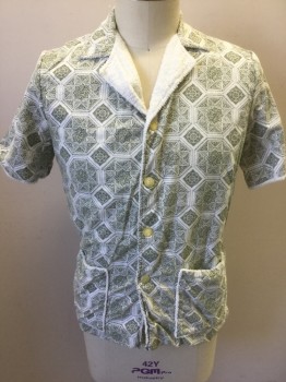 Mens, 1960s Vintage, P1, GEORGE RICHLAND, White, Dk Olive Grn, Cotton, Medallion Pattern, C 38, M, 2 Piece Cabana/Lounge Set: Shirt, Tile-like Medallion Pattern, Short Sleeves, Notched Collar, 3 Buttons, 2 Large Patch Pockets, Lining is White Terry Cloth,