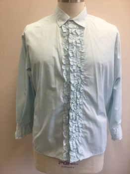Mens, Formal Shirt, N/L, Lt Blue, Poly/Cotton, Solid, N:18, XL, Slv:32, Long Sleeve Button Front, Collar Attached, Ruffled Vertically at Button Placket, Ruffled Edges at Cuffs