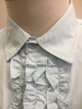 Mens, Formal Shirt, N/L, Lt Blue, Poly/Cotton, Solid, N:18, XL, Slv:32, Long Sleeve Button Front, Collar Attached, Ruffled Vertically at Button Placket, Ruffled Edges at Cuffs