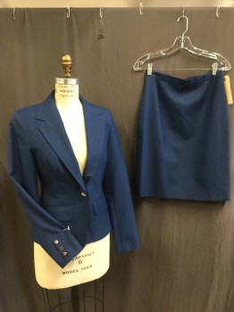 Womens, 1990s Vintage, Suit, Jacket, MAGIC FORMULA, Blue, Polyester, Wool, Solid, 28, 34, Notched Lapel, Single Breasted, 1 Light Gold, Button Front, 2 Pockets with Flap, Long Sleeves,