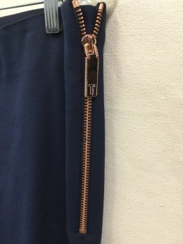 TED BAKER, Navy Blue, Poly/Cotton, Elastane, Solid, Pants:  Navy, Split Side Hem, Brass Side Zip (zipper Matching Jacket)