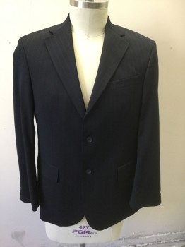 GEOFFREY BEENE, Navy Blue, Lt Gray, Wool, Stripes - Pin, Dark Navy (Nearly Black) with Light Gray Pinstripes, Single Breasted, Notched Lapel, 2 Buttons, 3 Pockets, Solid Dark Navy Lining