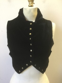 Womens, Vest, FURST, Black, Polyester, Silk, Solid, 2, Black Crushed Velvet with Bronze Metal Snaps Down Center Front, Collar Attached, Fitted and Cropped Length, 2 Faux Welt Pockets