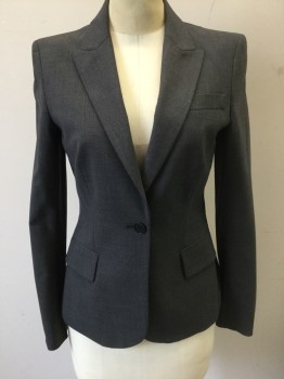 THEORY, Dk Gray, Wool, Lycra, Solid, Single Breasted, 1 Button, Peaked Lapel, 3 Pockets, Solid Black Lining
