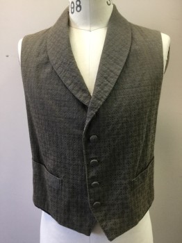 Mens, Historical Fiction Vest, MTO, Gray, Blue, Cotton, Silk, Medallion Pattern, 36, Brownish Gray with Metallic Blue Medallions, Jacquard, Shawl Collar, Button Front, 2 Pockets, Charcoal Solid Cotton Back with Self Belt