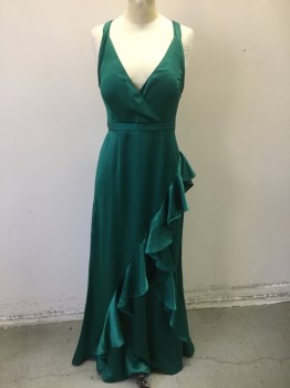 Womens, Evening Gown, AIDAN MATTOX, Dk Green, Polyester, Solid, 4, Satin, Sleeveless, 1" Wide Straps That Criss Cross in Back, Wrapped V-neck, Vertical Ruffle That Wraps Around Diagonally, Floor Length Hem