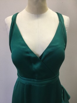 Womens, Evening Gown, AIDAN MATTOX, Dk Green, Polyester, Solid, 4, Satin, Sleeveless, 1" Wide Straps That Criss Cross in Back, Wrapped V-neck, Vertical Ruffle That Wraps Around Diagonally, Floor Length Hem