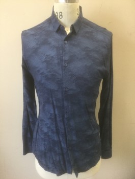 TOPMAN, Slate Blue, Viscose, Nylon, Mottled, Abstract , Stretchy Material, Long Sleeve Button Front, Collar Attached, Slim Fit, Triples
