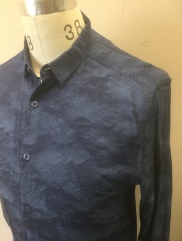 TOPMAN, Slate Blue, Viscose, Nylon, Mottled, Abstract , Stretchy Material, Long Sleeve Button Front, Collar Attached, Slim Fit, Triples