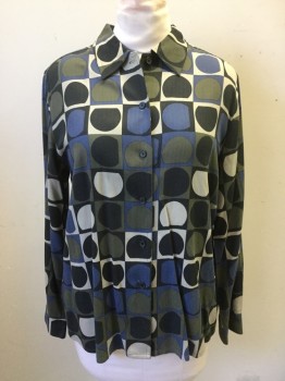 Womens, Blouse, IMPRESSIONS, Dk Olive Grn, Blue, Black, Beige, Rayon, M, Multi Color Squares with Almost Circles in Center, Button Front, Collar Attached, Long Sleeves, Cuff, Vented Center Back