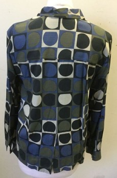 Womens, Blouse, IMPRESSIONS, Dk Olive Grn, Blue, Black, Beige, Rayon, M, Multi Color Squares with Almost Circles in Center, Button Front, Collar Attached, Long Sleeves, Cuff, Vented Center Back