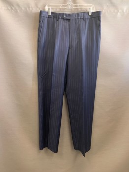 MTO, Navy Blue, White, Wool, Stripes - Pin, Side Pockets, Zip Front, Pleat Front