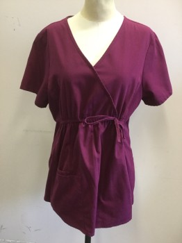 CHEROKEE, Red Burgundy, Poly/Cotton, Solid, Surplice Top, Short Sleeves, Drawstring Front Waist with Offset Tie, 1 Patch Pocket