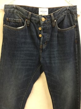 Womens, Jeans, SEZANE, Dk Blue, Cotton, Solid, 28, Dark Blue Denim, Slightly Washed Out & Wrinkle Lines, Brass Button Front, , 5 Pockets